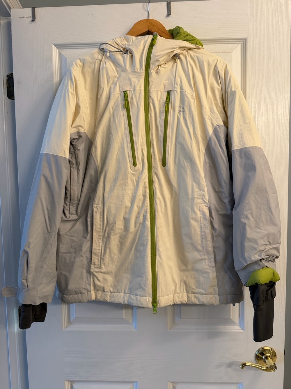 L.L. Bean Cream and Light Gray Ski Jacket with Lime Trim